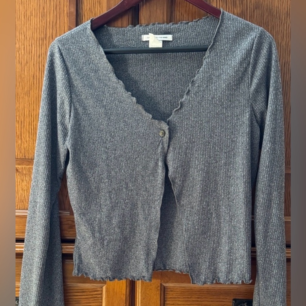 Caution To The Wind Lettuce Edge V-neck Ribbed Knit Cardigan Sweater Layer Light